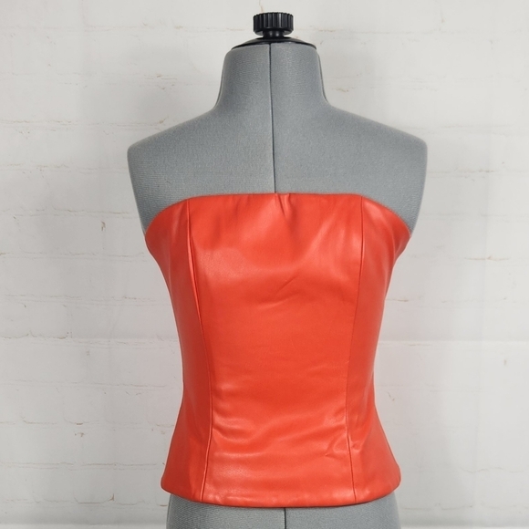 STAUD Tracing Faux Vegan Leather Bustier Strapless Top in Reddish Orange Size 0 - Picture 2 of 15